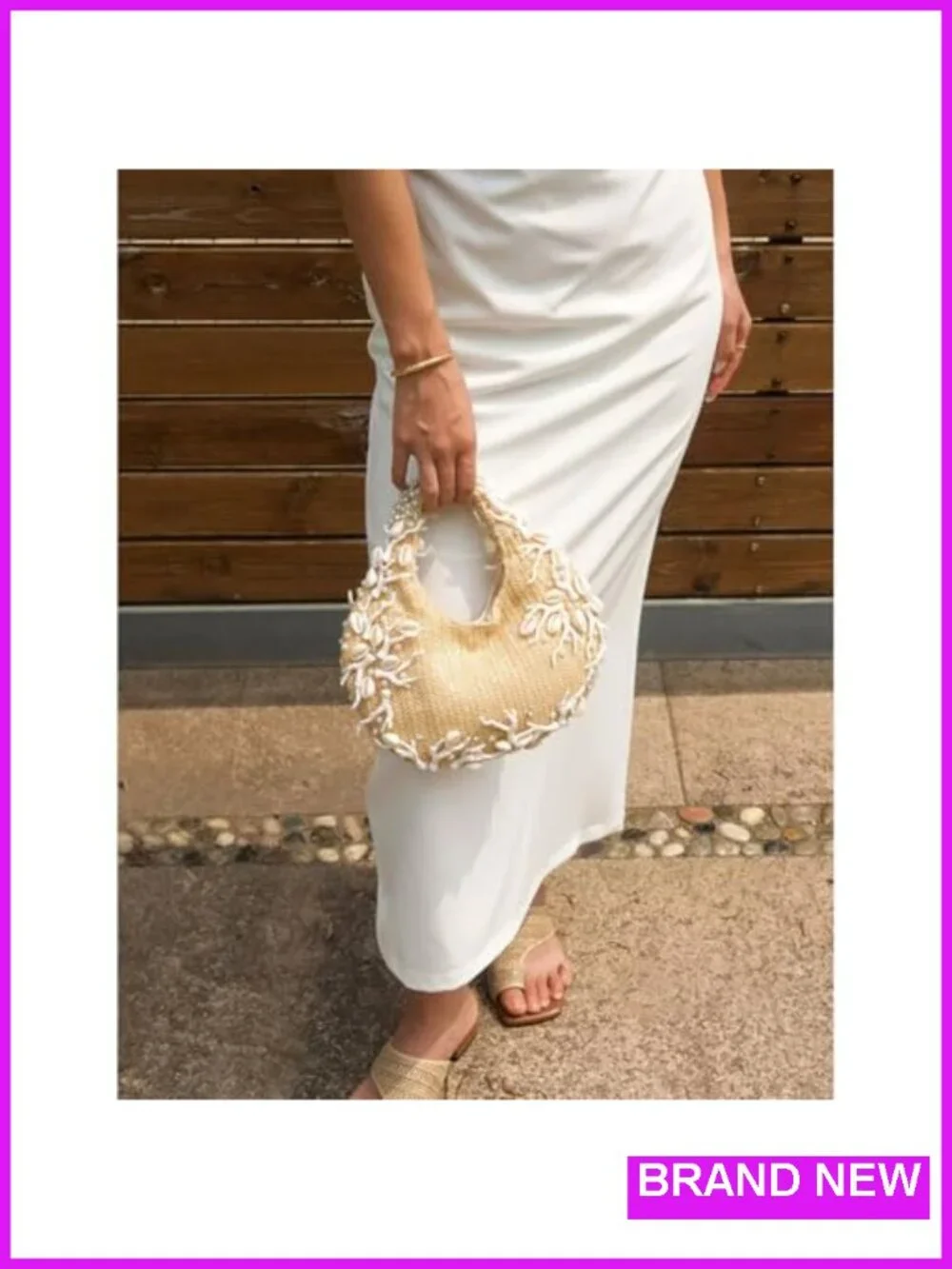 Shell Beaded Straw Clutch Purse Handwoven Evening Bag